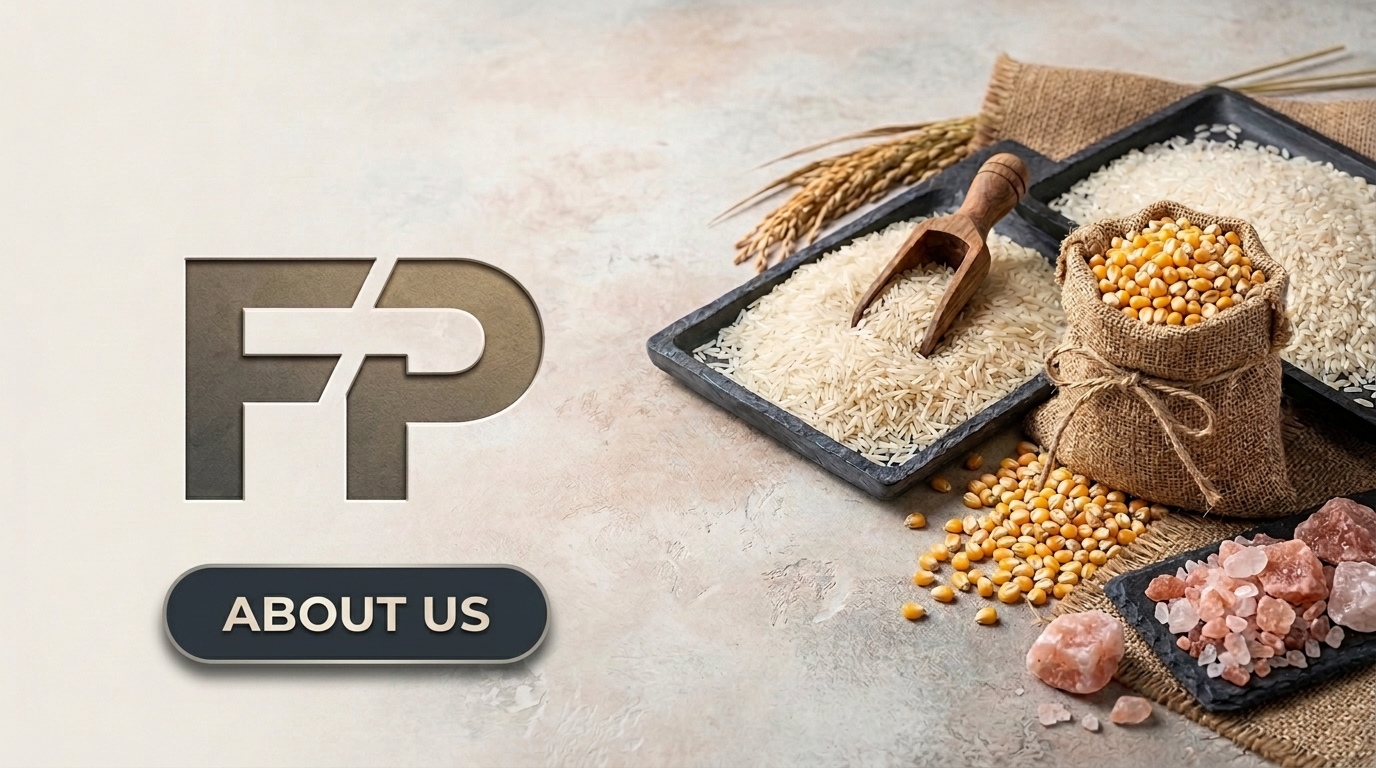 Field Port About Us display with rice, maize and Himalayan pink salt